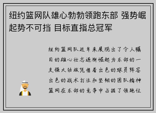 纽约篮网队雄心勃勃领跑东部 强势崛起势不可挡 目标直指总冠军