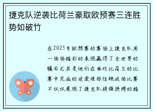 捷克队逆袭比荷兰豪取欧预赛三连胜势如破竹